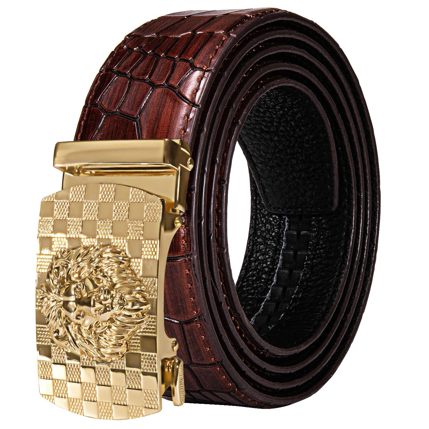 Dubulle Mens Belt Gold Ratchet Buckle Designer Vintage Brown Leather Strap Formal Dress Business Casual