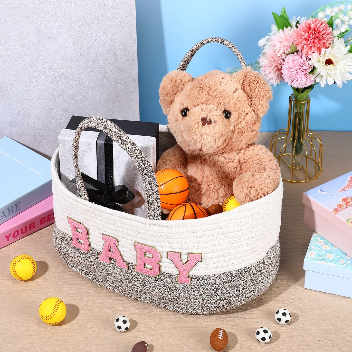 Beeveer Personalized Baby Basket Custom Diaper Caddy Organizer with Bow Portable Cotton Rope Basket Storage for Nursery Baby Shower Christmas Gifts(Pink)