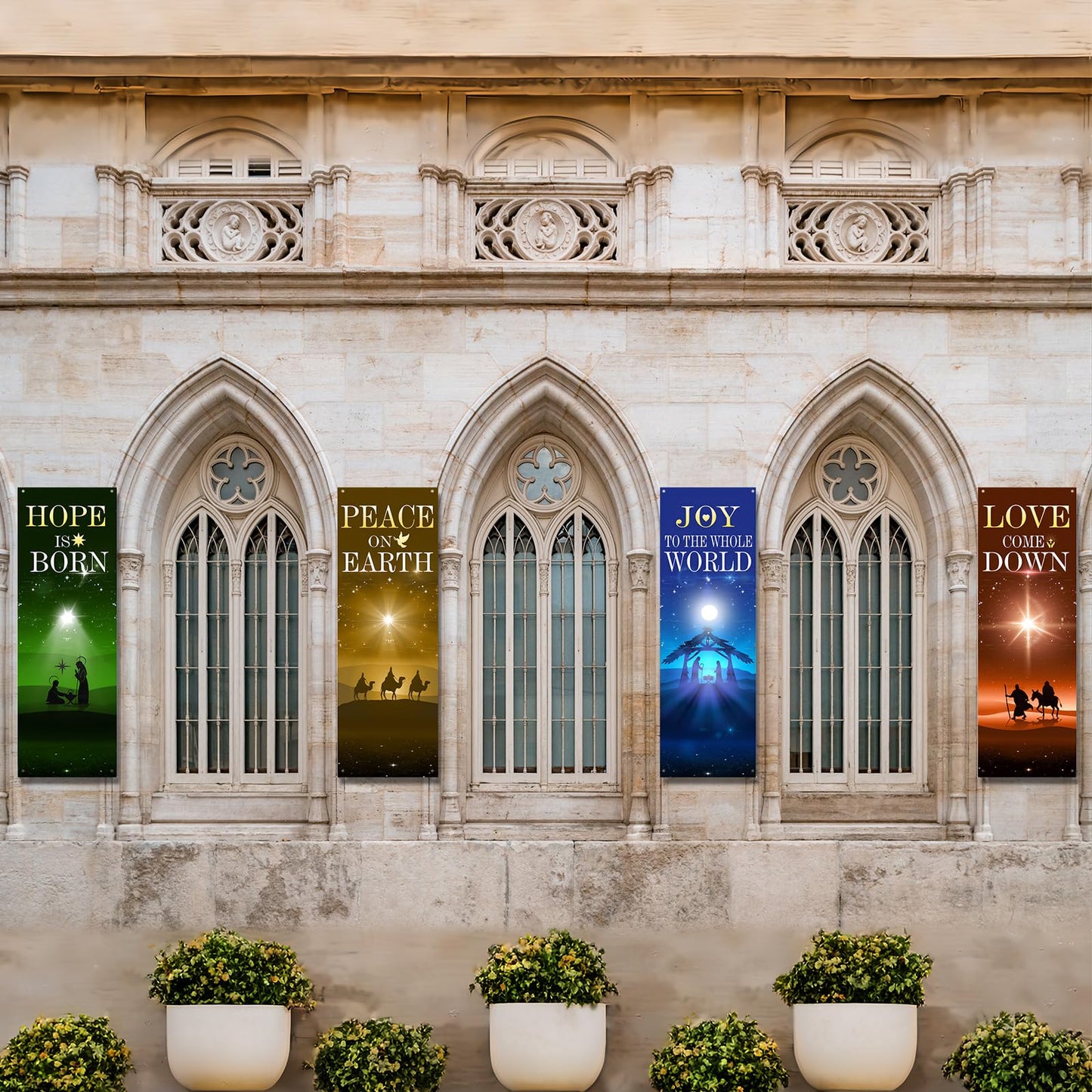 Hahafelt 4 Pcs Advent Church Banners for Sanctuary Wall, 2 x 6 ft Nativity Scene Banner Easter Religious Hanging Sign for Schools Church Easter Nativity Decor