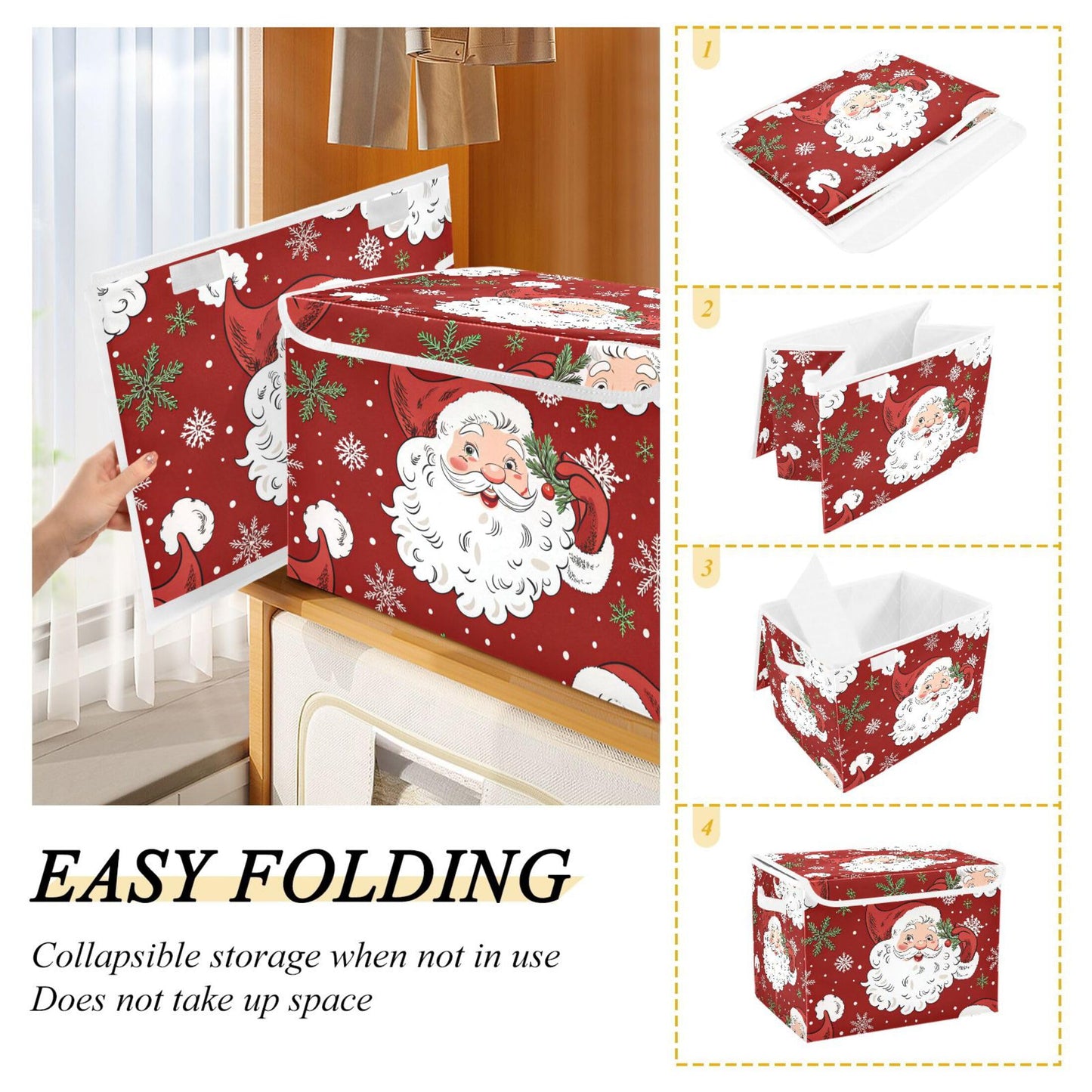 xigua Christmas Santa Claus Storage Bins with Lids and Carrying Handle,Foldable Storage Boxes Organizer Containers Baskets Cube with Cover for Home Bedroom Closet Office