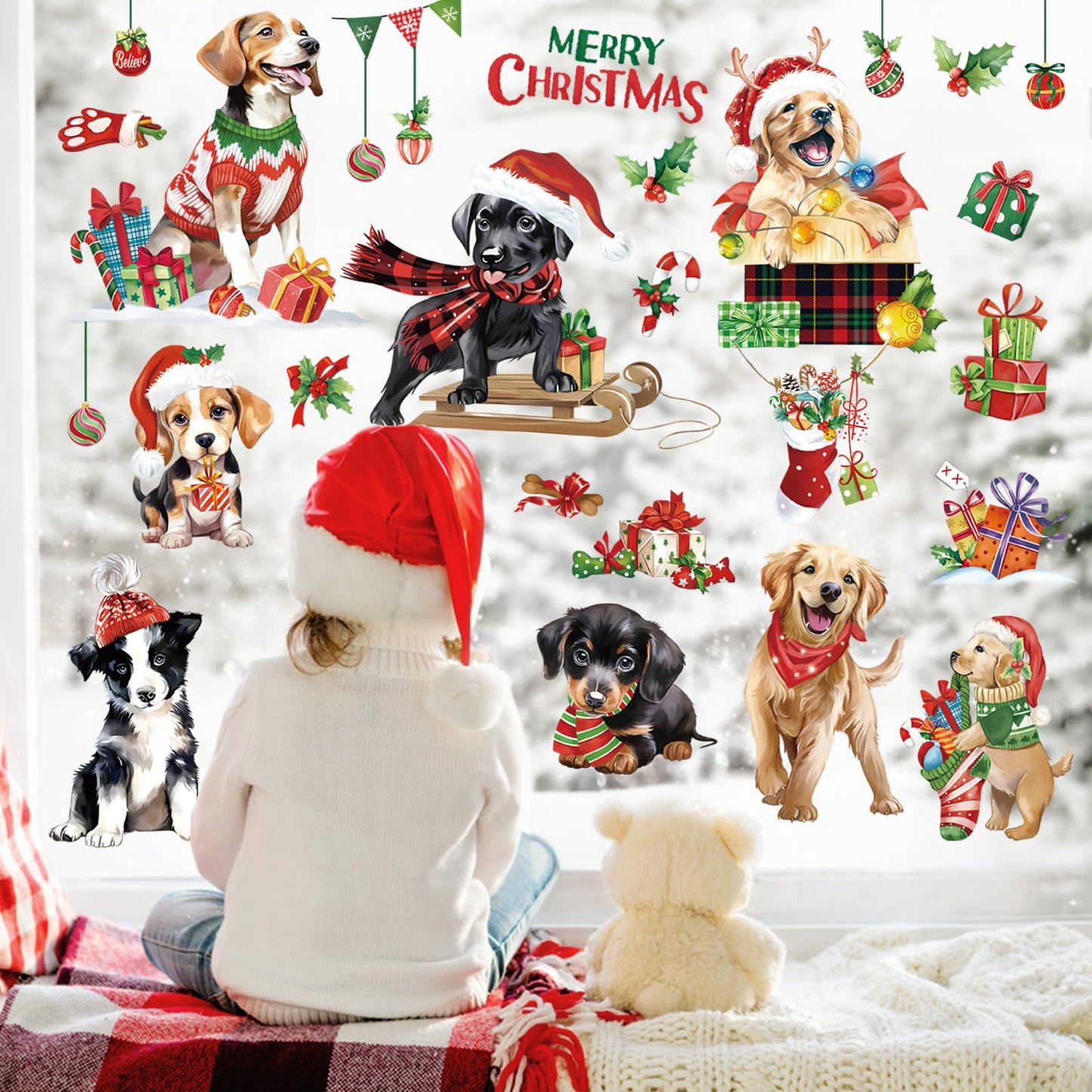 decalmile Christmas Dog Puppy Window Clings Reusable Pet Dogs Xmas Double Side Printed Window Stickers Decals Glass Door Home Party Shop Showcase Decoration