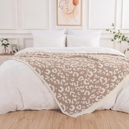 NEXHOME PRO Leopard Soft Blanket, Fuzzy Throw Blanket for Couch Bed Sofa Picnic, Knit Blankets for Women Gifts Beige 50 x 60 inches