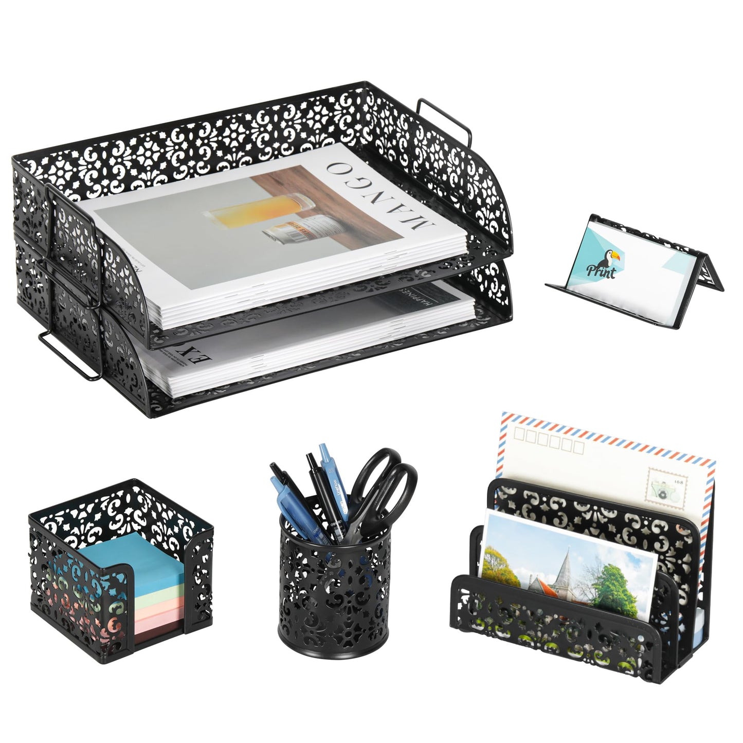 EasyPAG Desk Organizers and Accessories 5 Pieces Office Supplies Set - 2 Tier Paper Tray, Pencil Organizer for Desk, Mail Sorter Countertop, Business Card Holder and Sticky Note Holder, Black