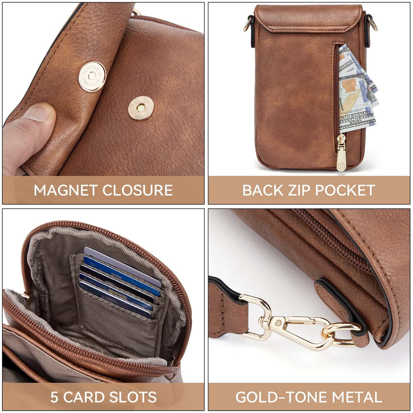 BOSTANTEN Small Crossbody Bags for Women Cell Phone Purse Leather Wallet Handbags with Card Slots Brown