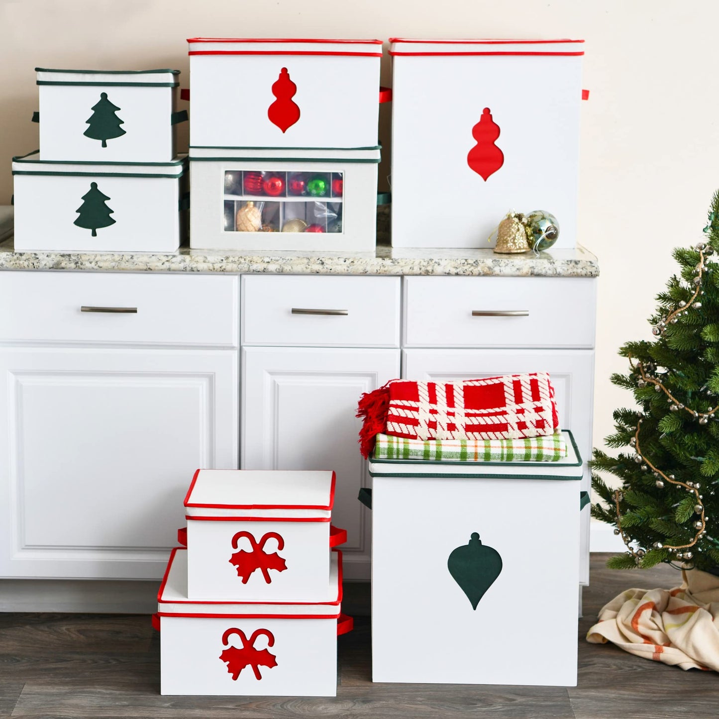 Household Essentials Medium Candy Cane Ornament Storage Box in Cream Polyester and Cardboard