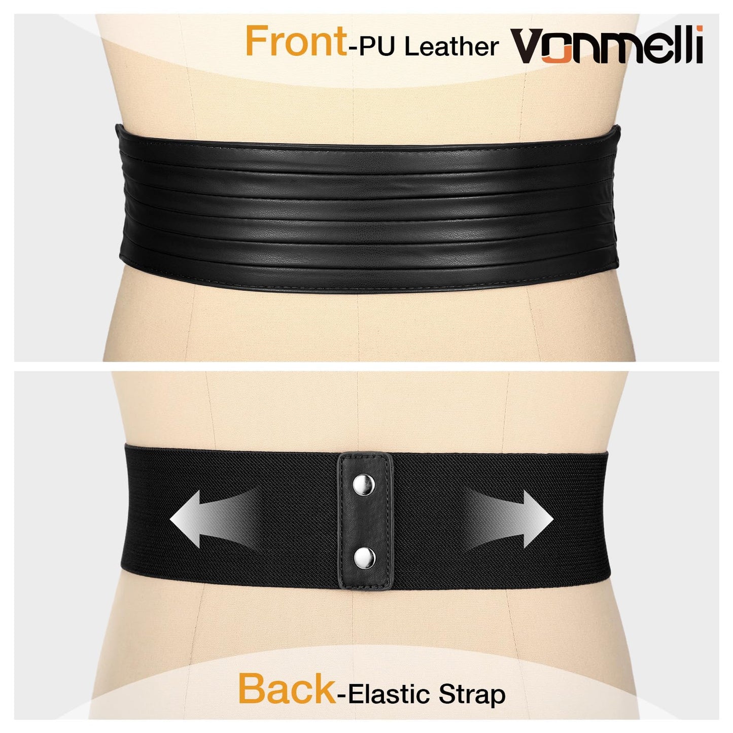 VONMELLI Wide Elastic Belts for Women Dresss Fashion Stretchy Black Waist Leather Belt Ladies Corset Belts, M
