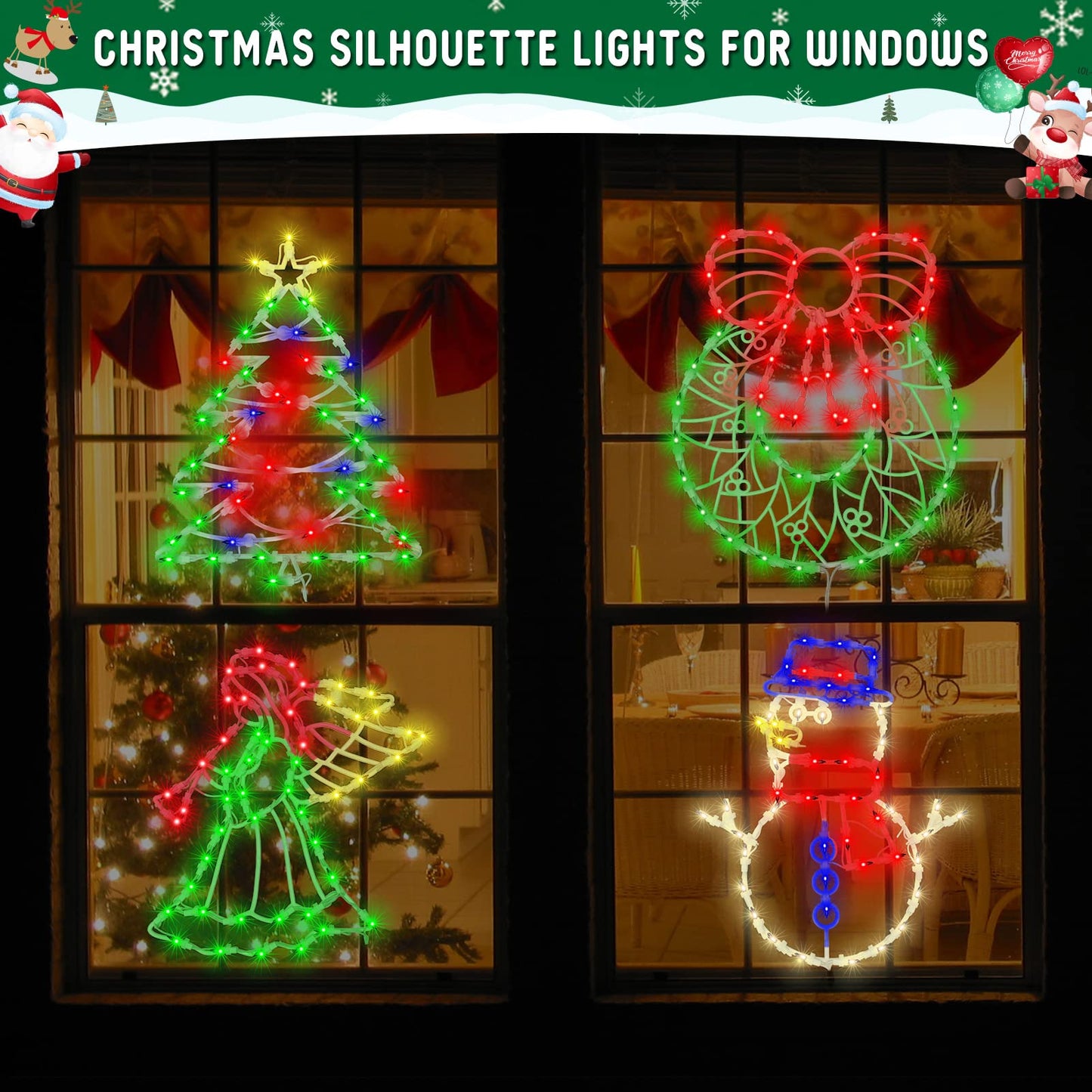 Christmas Window Silhouette Lights Decorations Pack of 4 Lighted Snowman, Trumpeting Angel, Wreath, Christmas Tree Christmas Window Lights with 50 Bulbs for Holiday Indoor Wall Door Glass Decorations