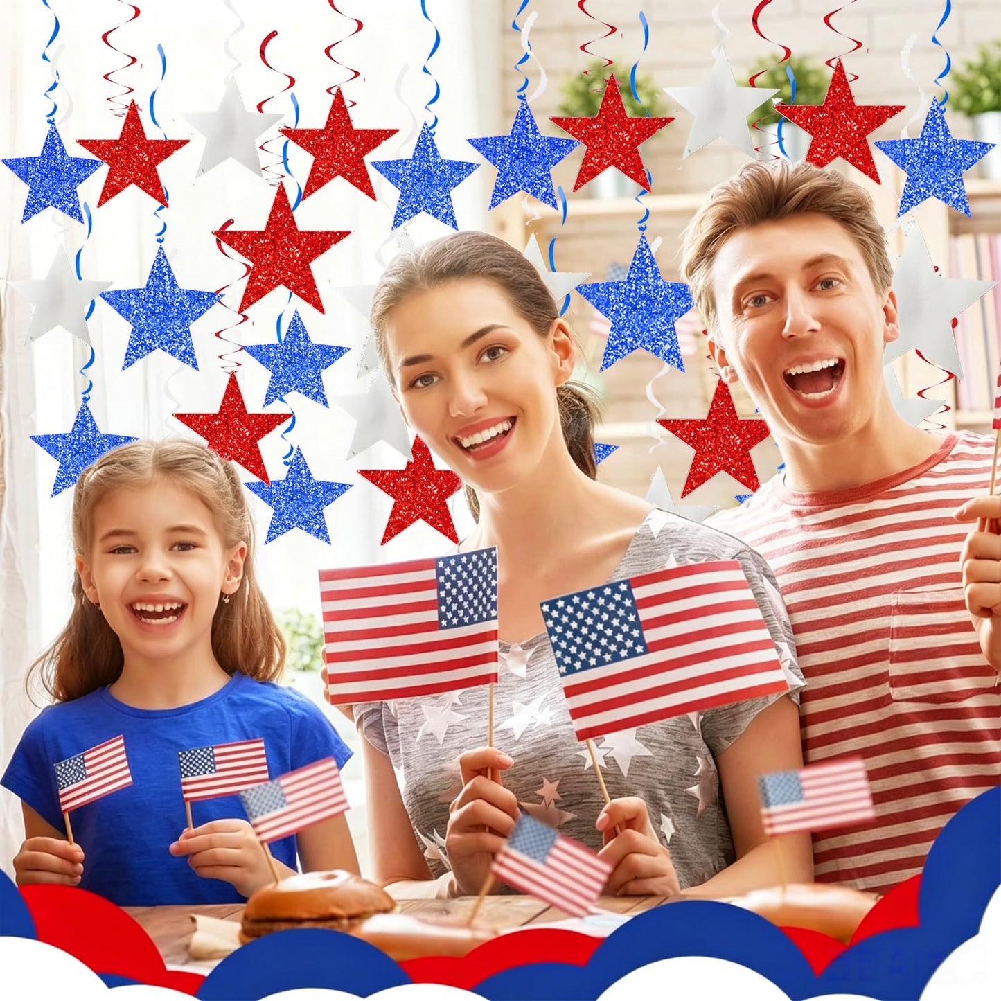 4th of July Decorations Red White Blue/Graduations Party Decorations Red Blue/Patriotic Hanging Star Streamers, Red White Blue Glitter Stars with Swirls, Memorial Day Veterans Day