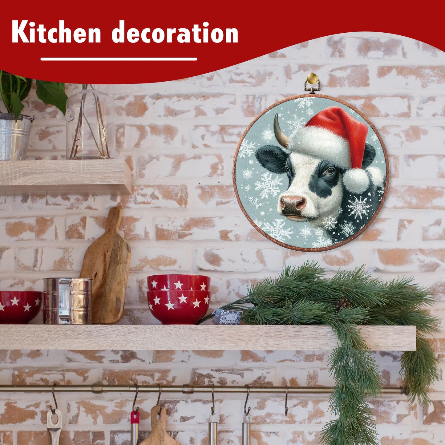 heiyihe Round Christmas Canvas Hanging Prints, 10x10 Inches Round Christmas Highland Cow Wall Art Decor, Holiday Embroidery Kit Decor for Home Living Room, Xmas Gift Ideas for Family Friends-A14