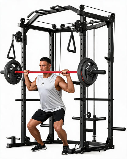 Garvee Power Cage with Cable Crossover System, 1600 Lb Capacity Carbon Steel Power Rack for Home Gym with LAT Pulldown Pulley System, j-Hooks, Dip Handles, Landmine Attachment