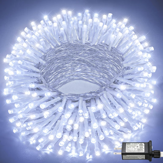 100FT 300 LED Outdoor String Lights, Plug in Connectable Christmas Lights Indoor Waterproof, 8 Modes Clear Wire String Lights for Outside Patio Garden Wedding Party Holiday Decorations, Cool White