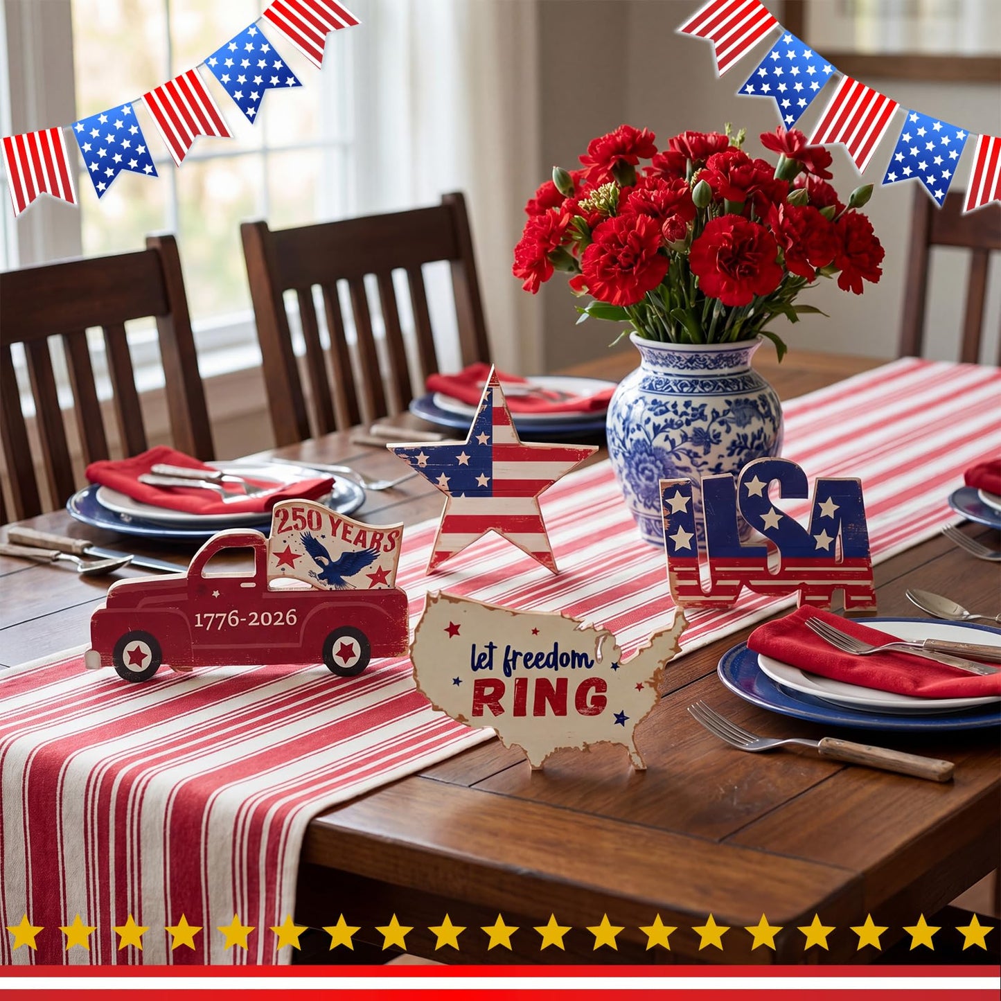 SiliFine 4 Pcs 250th Anniversary Table Decorations 4th of July Wooden Tabletop Centerpieces, Patriotic Star Car USA Tabletop Sign Red White Blue Table Topper for Independence Day