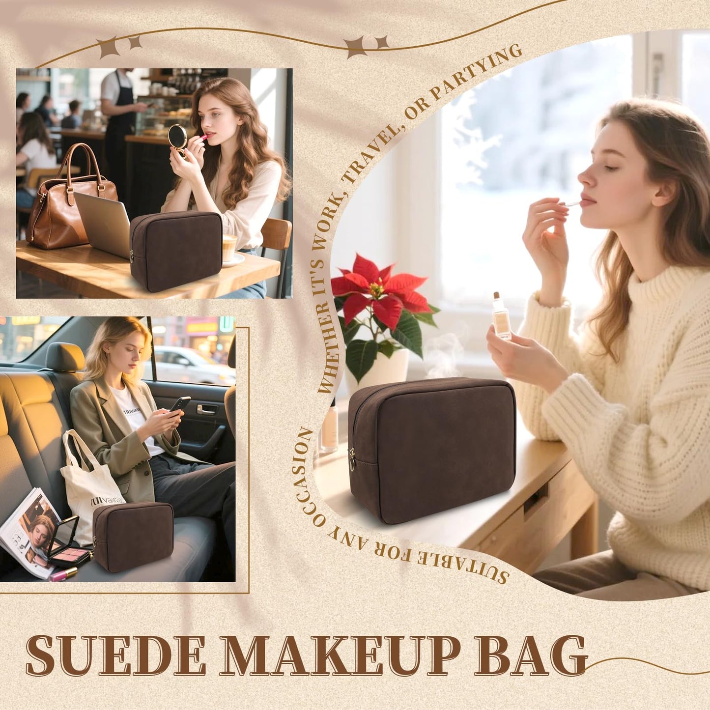 UIXIZQ Small Makeup Pouch for Purse, Suede Travel Toiletry Storage Pouch Cute Preppy Cosmetic Bag for Women Girls, Waterproof Makeup Organizer Skincare Bag Purse with Zipper (Small-Coffee)