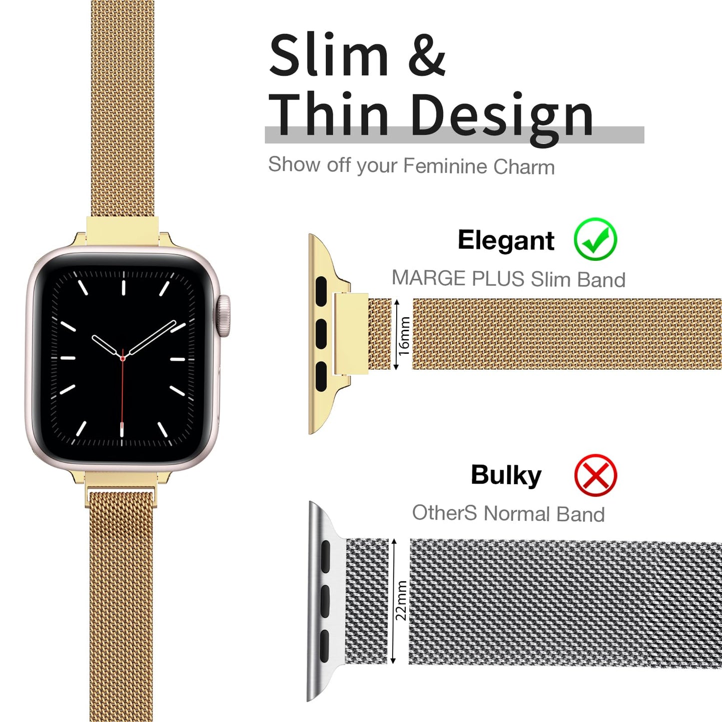 MARGE PLUS Slim Milanese Loop Compatible with Apple Watch Band for women 41mm 40mm 38mm 42mm 46mm 45mm 44mm, Stainless Steel Magnetic Mesh Strap work on iWatch Series 11 10 9 8 7 6 5 4 3 & SE 3 2 1