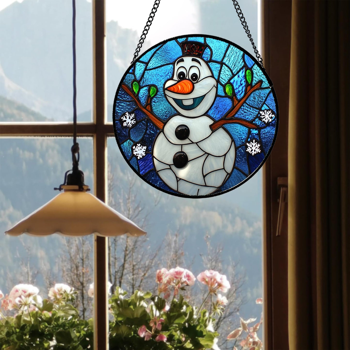 JOSUMALY Stained Glass Window Hanging Christmas Funny Snowman 15" - Suncatcher Door Garden Blue White Snowflakes Sun Catcher New Year Birthday for Friend Mom Men Woman Nana