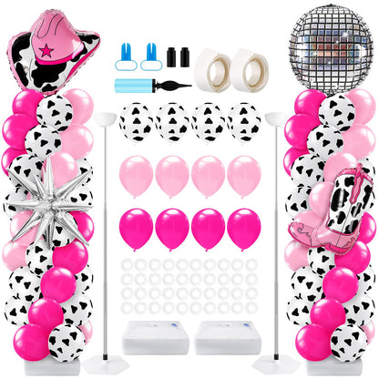Kasyat 2 Sets Disco Cowgirl Balloon Column Stand Kit with 4d Cowgirl Hat Boots Disco Ball Exploding Stars Balloons Hot Pink Silver Arch Kit for Floor for Western Birthday Party Decorations