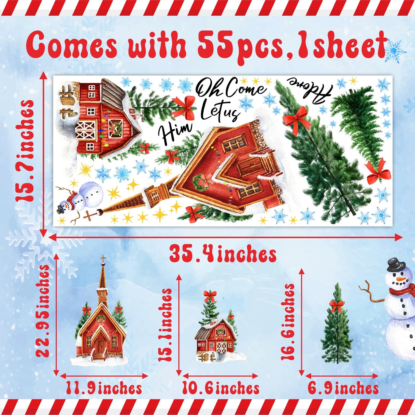 Large Christmas House Wall Stickers Christmas Pine Tree Window Wall Decals Winter Snowflake Snowman Tree House Window Stickers Holiday Windows Decals Removable Xmas Party Decorations