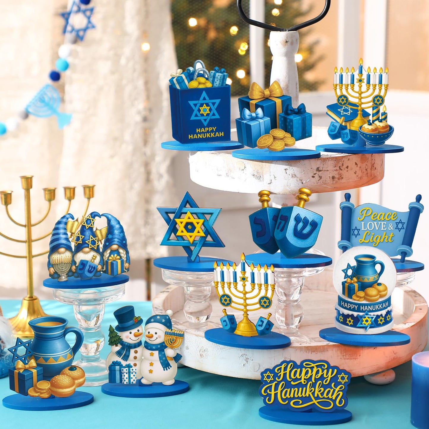 Realspring 12 Pcs Hanukkah Table Centerpieces Decor Chanukah Menorah Wooden Signs Star of David Table Topper Decor Hanukkah Centerpieces for Home Tray Office Desk Decorations