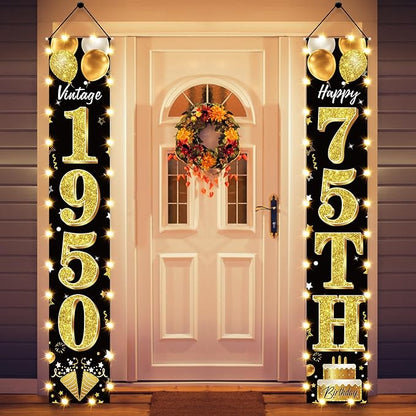 75th Birthday Party Banner Lighted Decorations for Men and Women - Black Gold Vintage 1950 75th Birthday Door Banners with LED Light, 75 Years Birthday Party Supplies for Indoor Outdoor Decor
