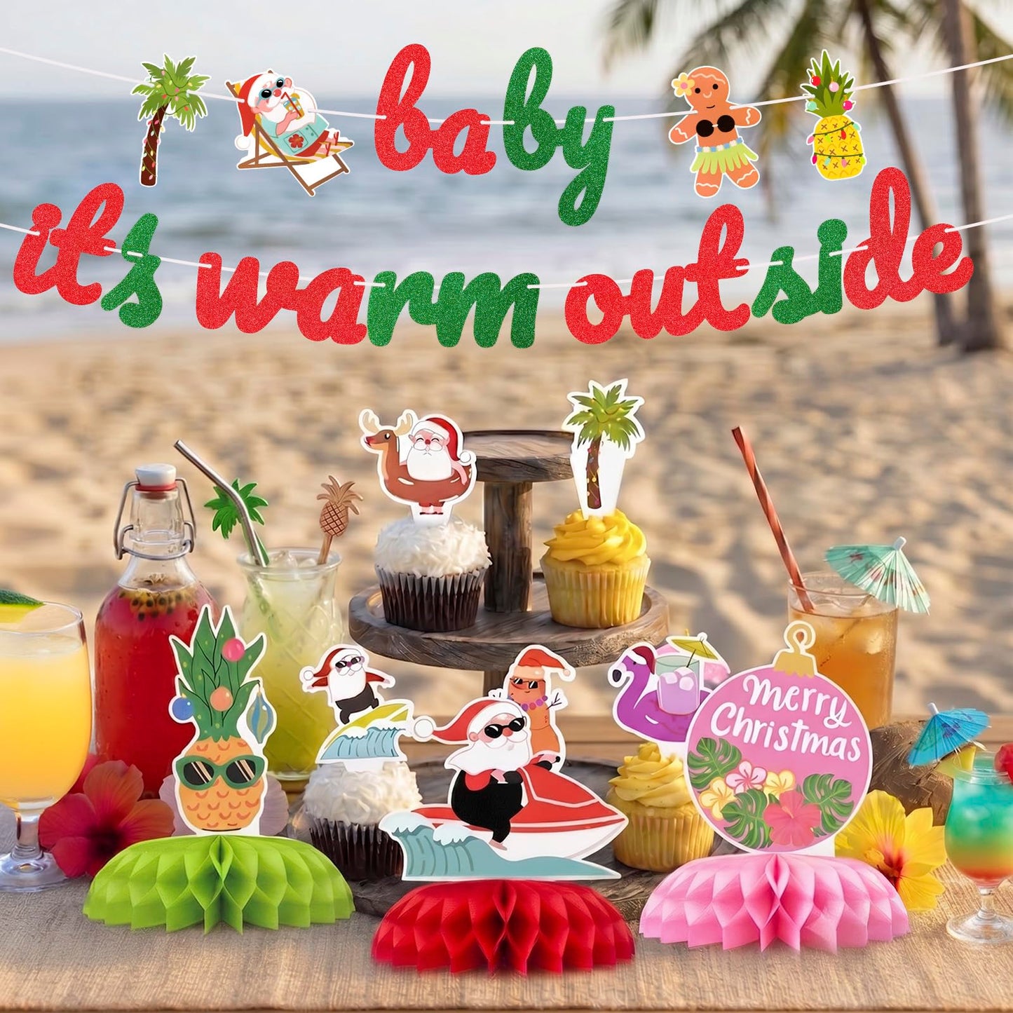 Christmas In July Party Decorations Set, Ultimate Xmas In July Party Decorations Kit, Tropical Beach Hawaiian Luau Banner, Honeycomb Table Centerpieces, Cupcake Toppers, Decor for Pool Parties & BBQ