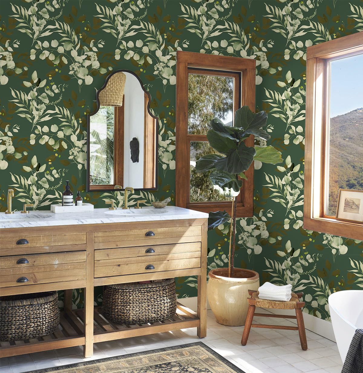 HAOKHOME Peel and Stick Wallpaper Boho Sage Green Eucalyptus Leaf Floral Wall Mural Home Nursery Decor Renter Friendly Wallpaper 17.3in x 9.8ft