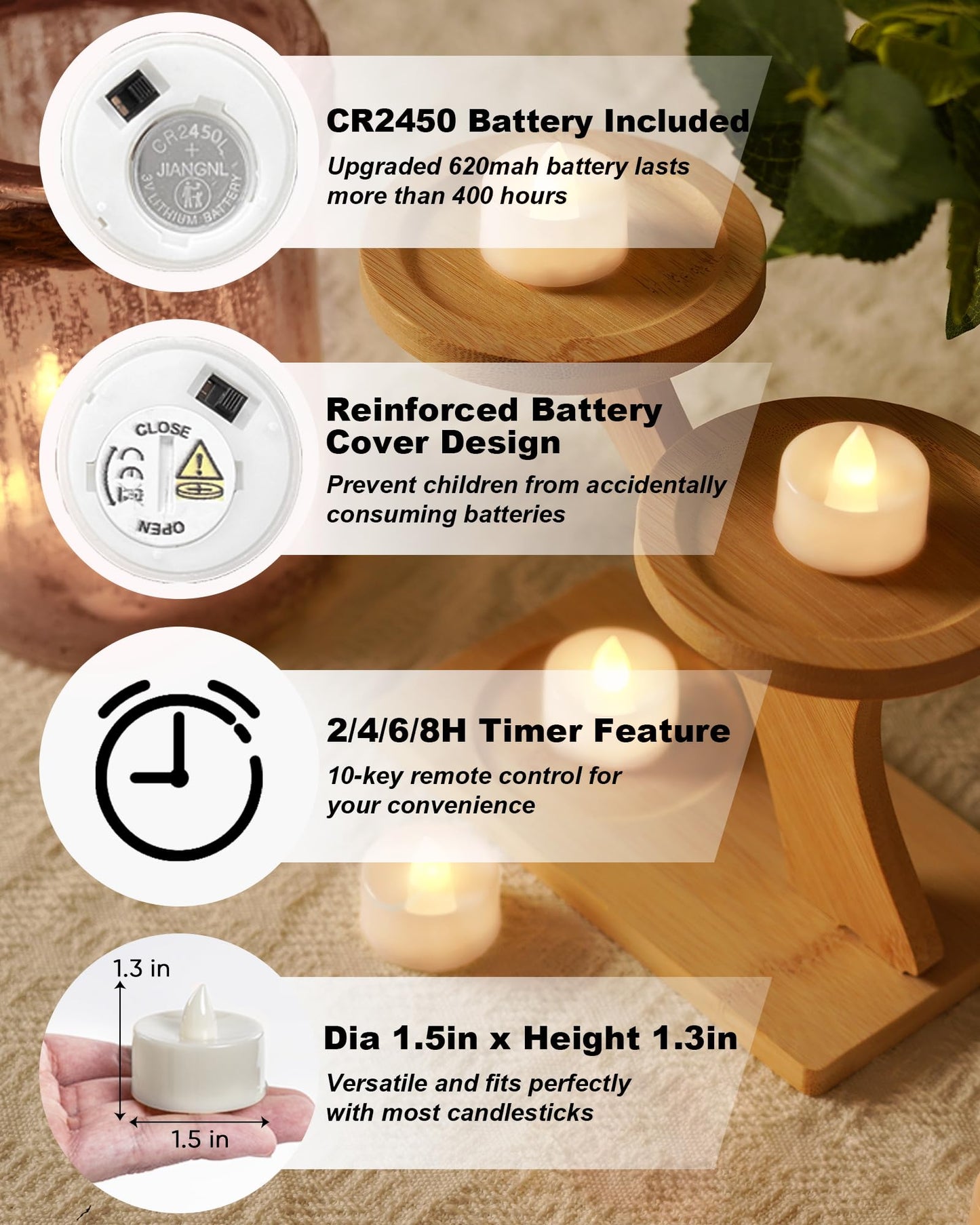 BEICHI Remote Candles, 24 Pack Timer Candle, Flameless Tea Lights Candle Battery Operated, Flickering LED Tea Lights, Timer Battery Votive Candles- Warm White- White Base