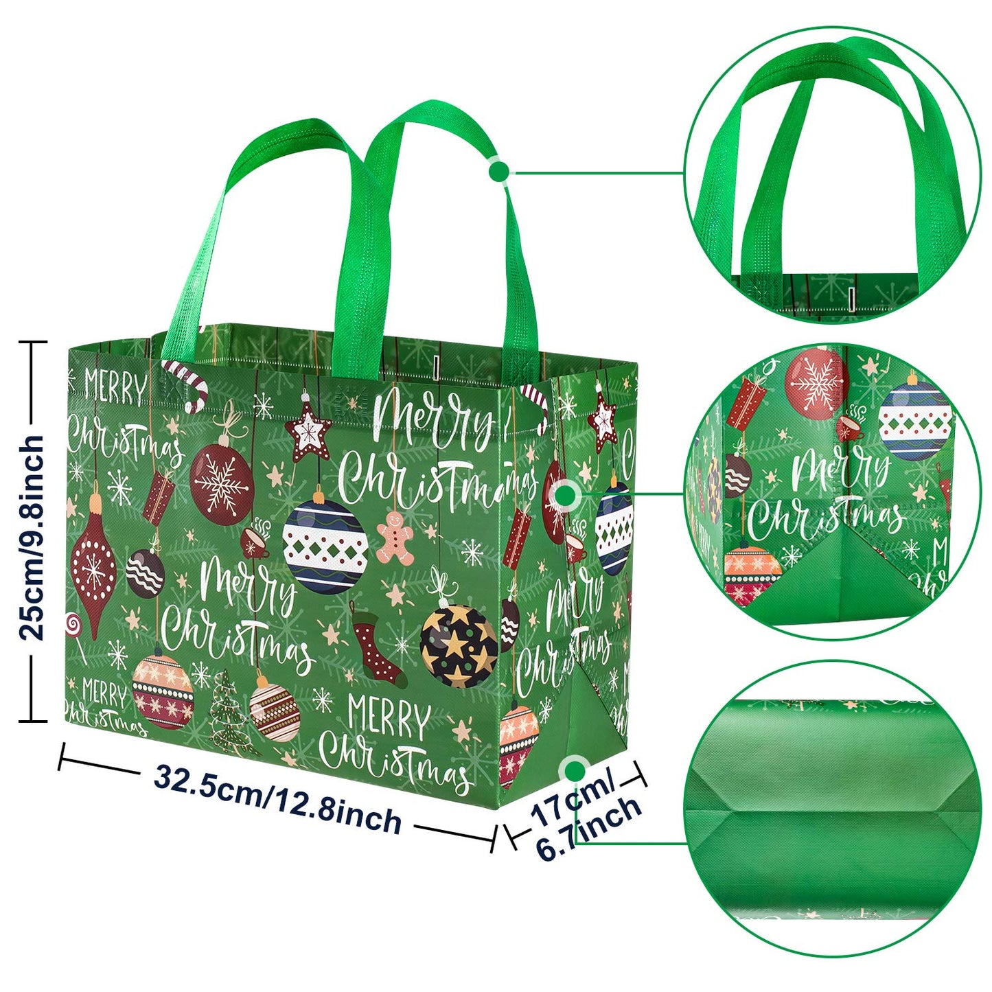 Whaline 12 Pack Large Christmas Gift Bags Reusable Non-Woven Tote Bags with Handles Christmas Grocery Shopping Totes for Holiday Xmas Gifts Party Favors, 12.8" x 9.8" x 6.7