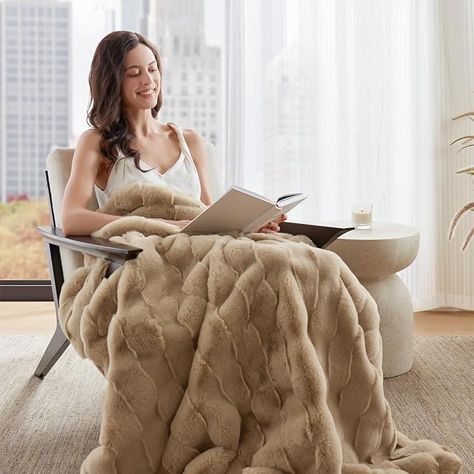Madison Park Luxuriously Cozy Soft Long Faux Fur Basketweave Blanket, Reversible Soft & Snuggly Velvet Throw, Lightweight, Breathable, All Season, Trendy Room Décor, 50x60, Tan