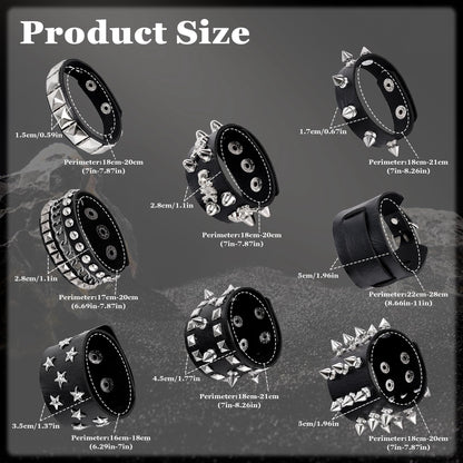 LOAYHOAY 8PCS Spiked Studded Bracelets Cuff for Men Women Black Punk Goth Leather Bracelet Emo Rivet Bracelet Adjustable Rock Pop 80s 90s Retro Button Metal Wrap Wristbands Halloween Accessories C