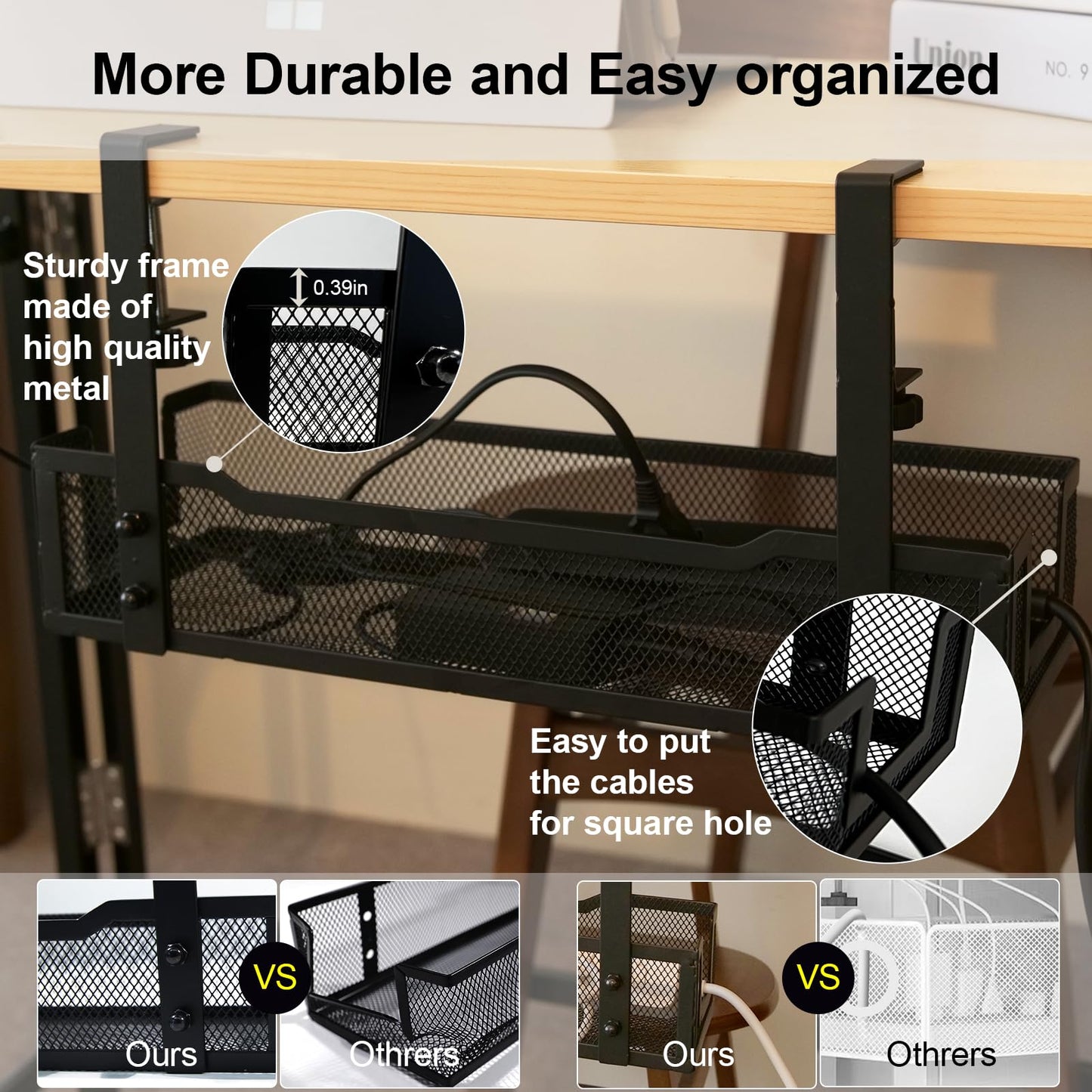 No Drill Under Desk Cable Management Tray with clamp-Premium Wire Tray Cord Organizer – Thin Steel Cable Tray Basket with Charger Holder for Desk–Black Cable Management Box–Easy to Install