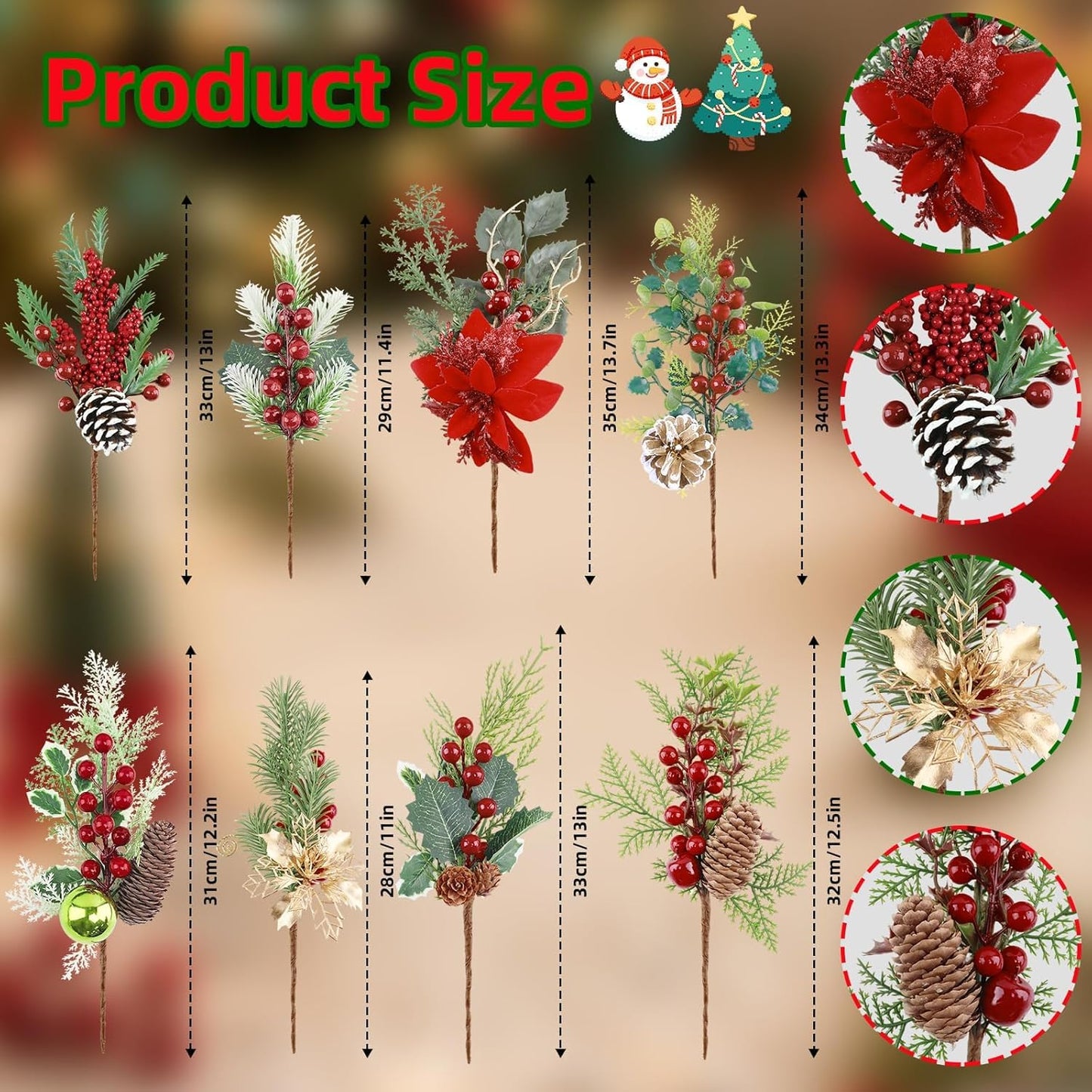 HNGWLYN Artificial Christmas Picks 8 Pack Red Berries Stems Evergreen Faux Pine Branches Christmas Picks Spray Pine Cones Holly Leaves for Winter Holiday DIY Craft Garland Wreath Ornament