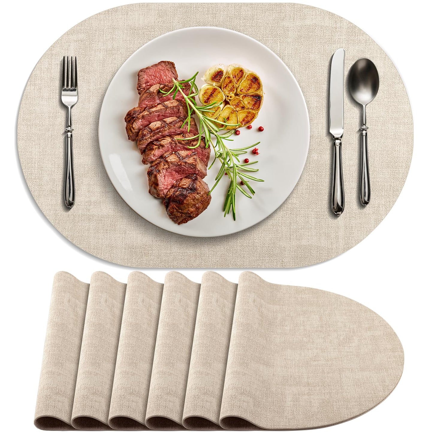 BARTHKIT Placemats for Dining Table Set of 6 Non-Slip, Heat Resistant Oval Leather Placemat Double Layer, Waterproof Table Mats Easy to Clean for Kitchen Dining Room Coffee Office Table, Beige