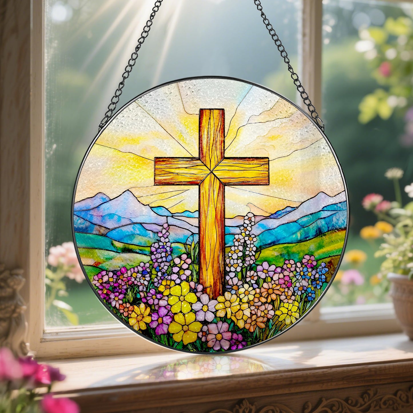 8 Inch Cross Wildflower Stained Glass Suncatcher, Christian Stained Glass Window Hanging, Religious Cross Sun Catcher, Easter Suncatcher Decor, Religious Gifts, Christian Gifts, Easter Gift