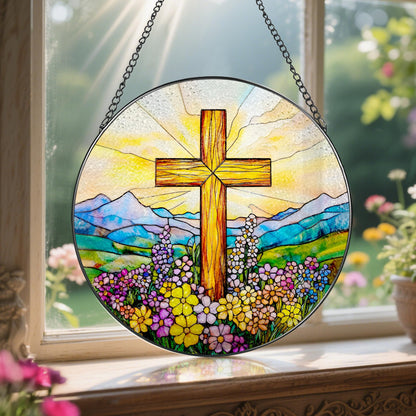 8 Inch Cross Wildflower Stained Glass Suncatcher, Christian Stained Glass Window Hanging, Religious Cross Sun Catcher, Easter Suncatcher Decor, Religious Gifts, Christian Gifts, Easter Gift