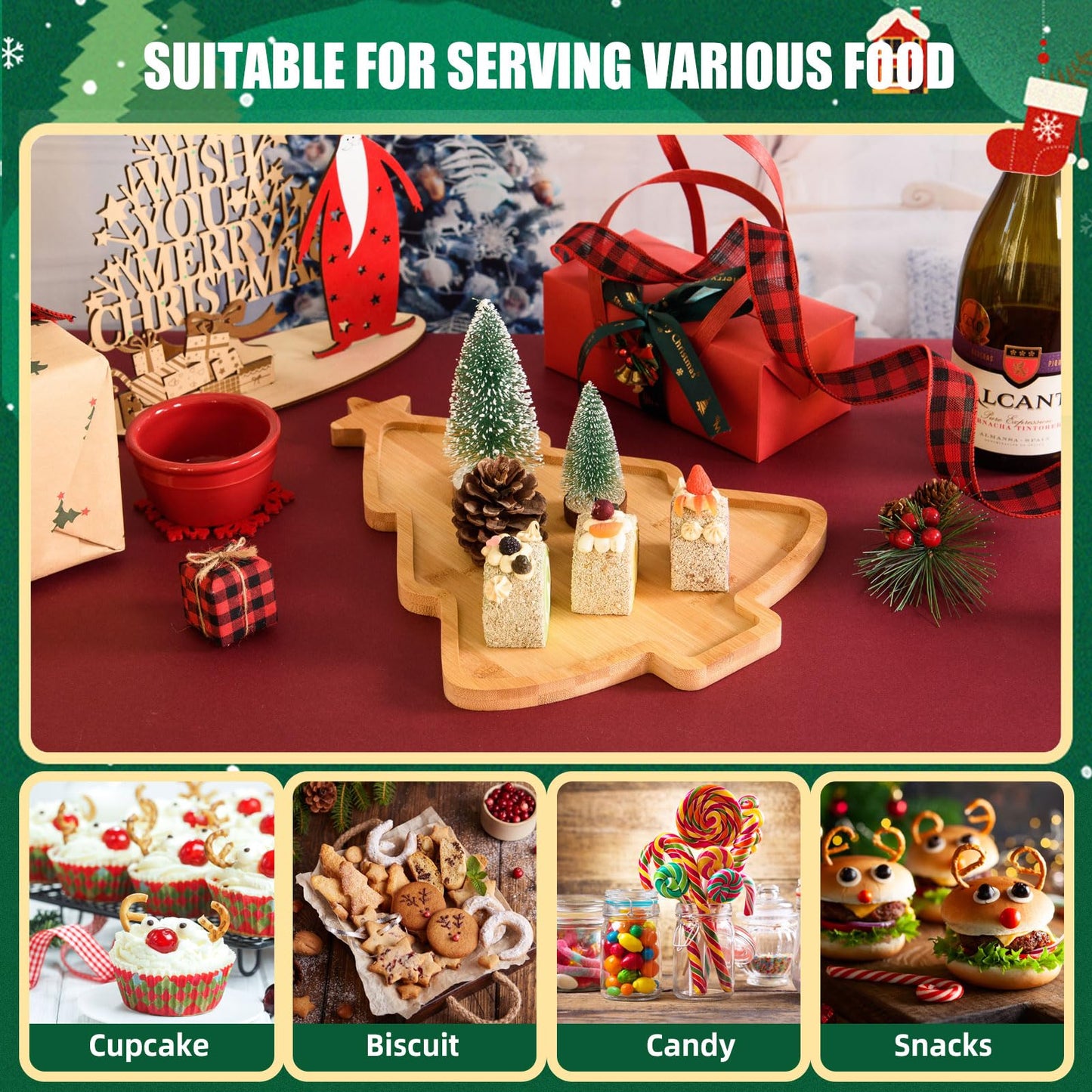 AWIZOM Christmas Tree Wooden Serving Tray Bamboo Platter Wooden Snack Cheese Charcuterie Board for Xmas Holiday Housewarming Present, 14.96x11.14x0.59