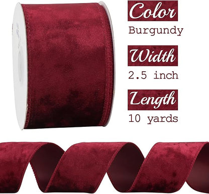 MEEDEE Burgundy Velvet Ribbon 2.5 inch Crushed Velvet Christmas Ribbon 10 Yards for Christmas Tree Decoration, Wreath Supplies, Crafts Bow, Gift Wrapping, Wedding Decor and Accents