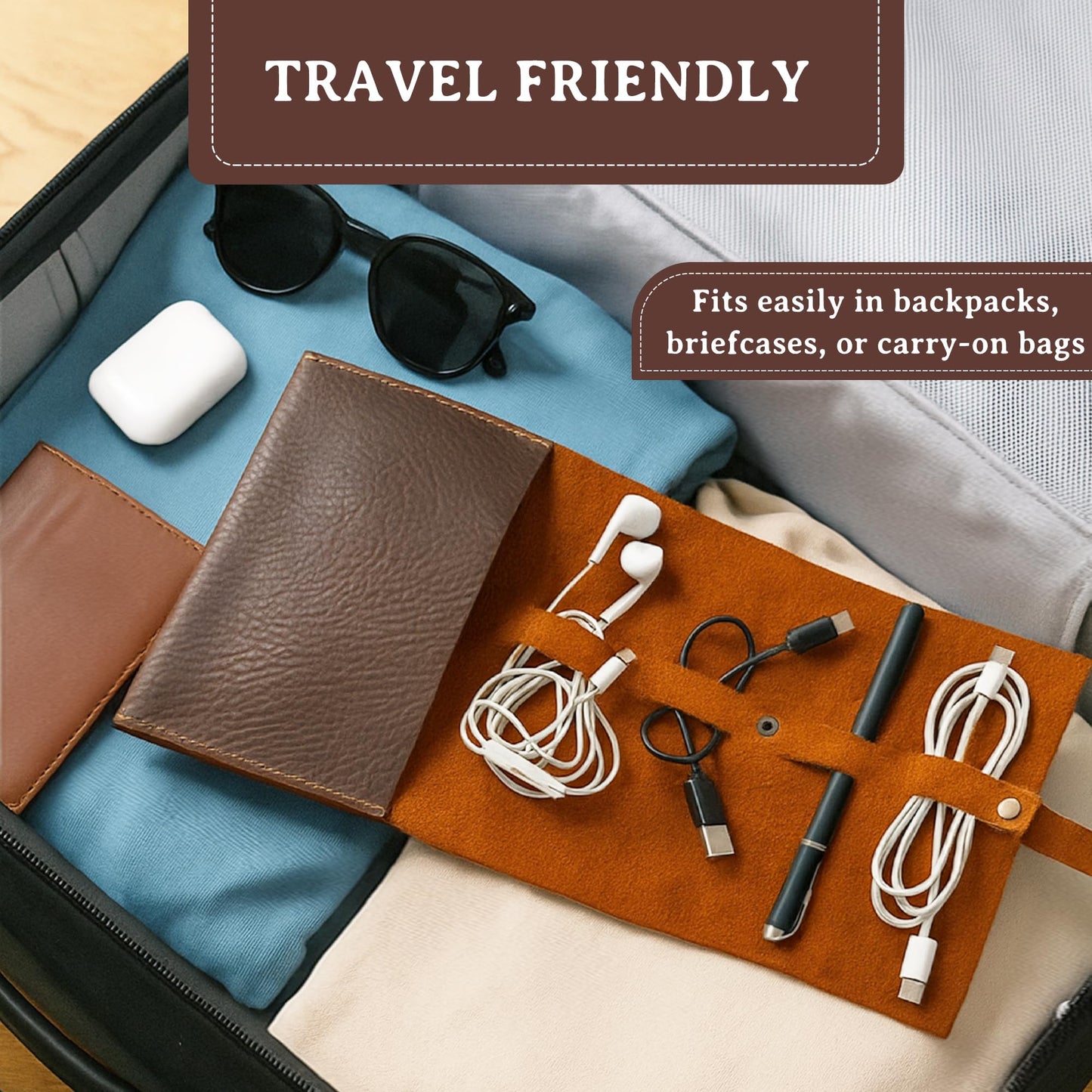 ROGUE WALLET Handcrafted Genuine Leather Tech Organizer - Spacious Phone Cord Organizer, Wide Storage Pockets - Durable & Easy to Maintain Cable Storage Bag for Everyday Use (Brown)