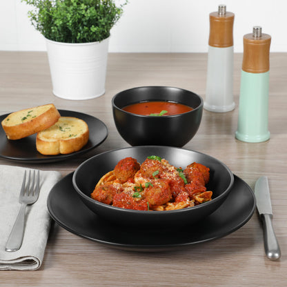 Gibson Home Queenslane 16 Piece Double Bowl Plates and Bowls Dinnerware Sets - Matte Blue