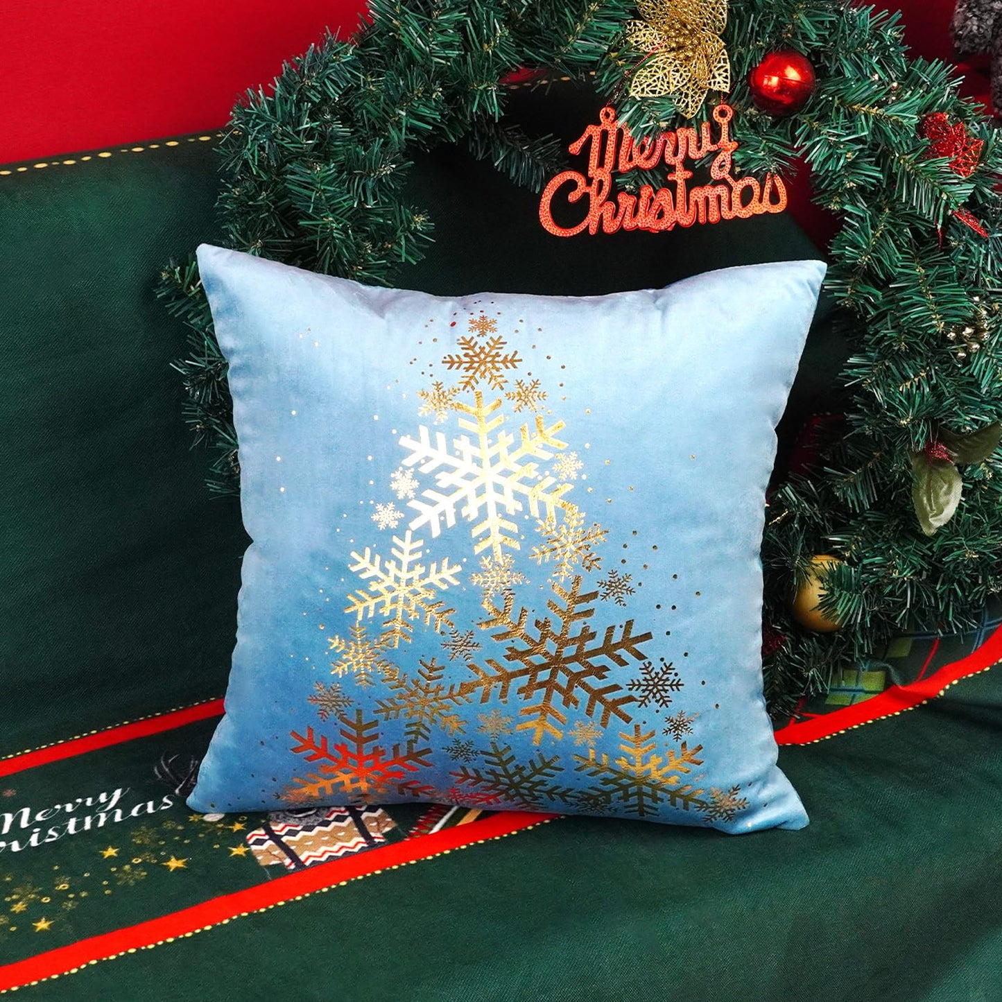 ONWAY Blue Gold White Christmas Decorations Throw Pillow Covers 18x18 Set of 4 Snowflakes Reindeer Decorative Cushion Cases Xmas Golden Decor for Couch Sofa Bedroom