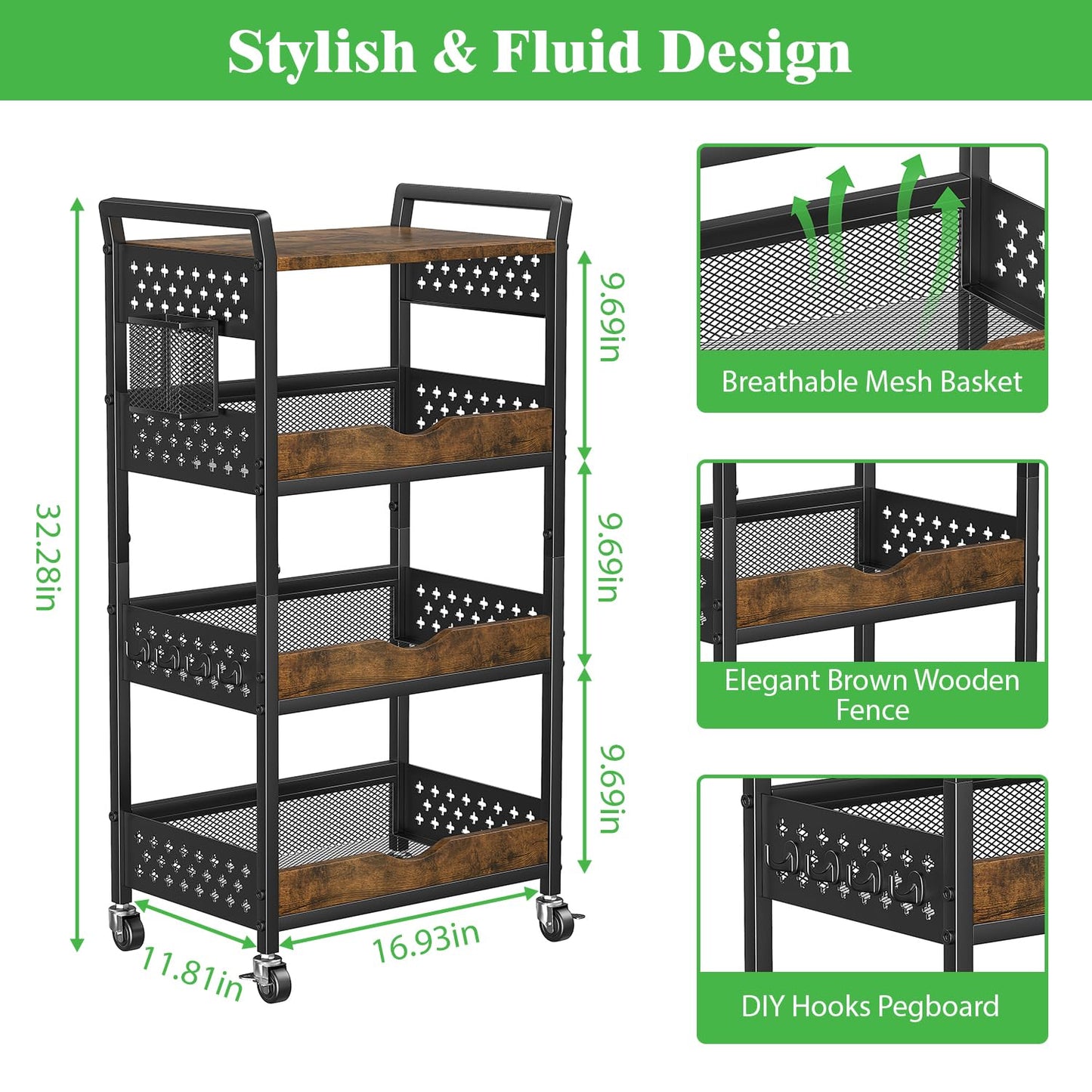 MJIMKE 4-Tier Utility Rolling Cart with Wheels - Kitchen Organizations and Storage Metal Cart, Detachable Fruits Coffee Snacks Art Craft Storage Cart for Bathroom, Pantry & Laundry, Black