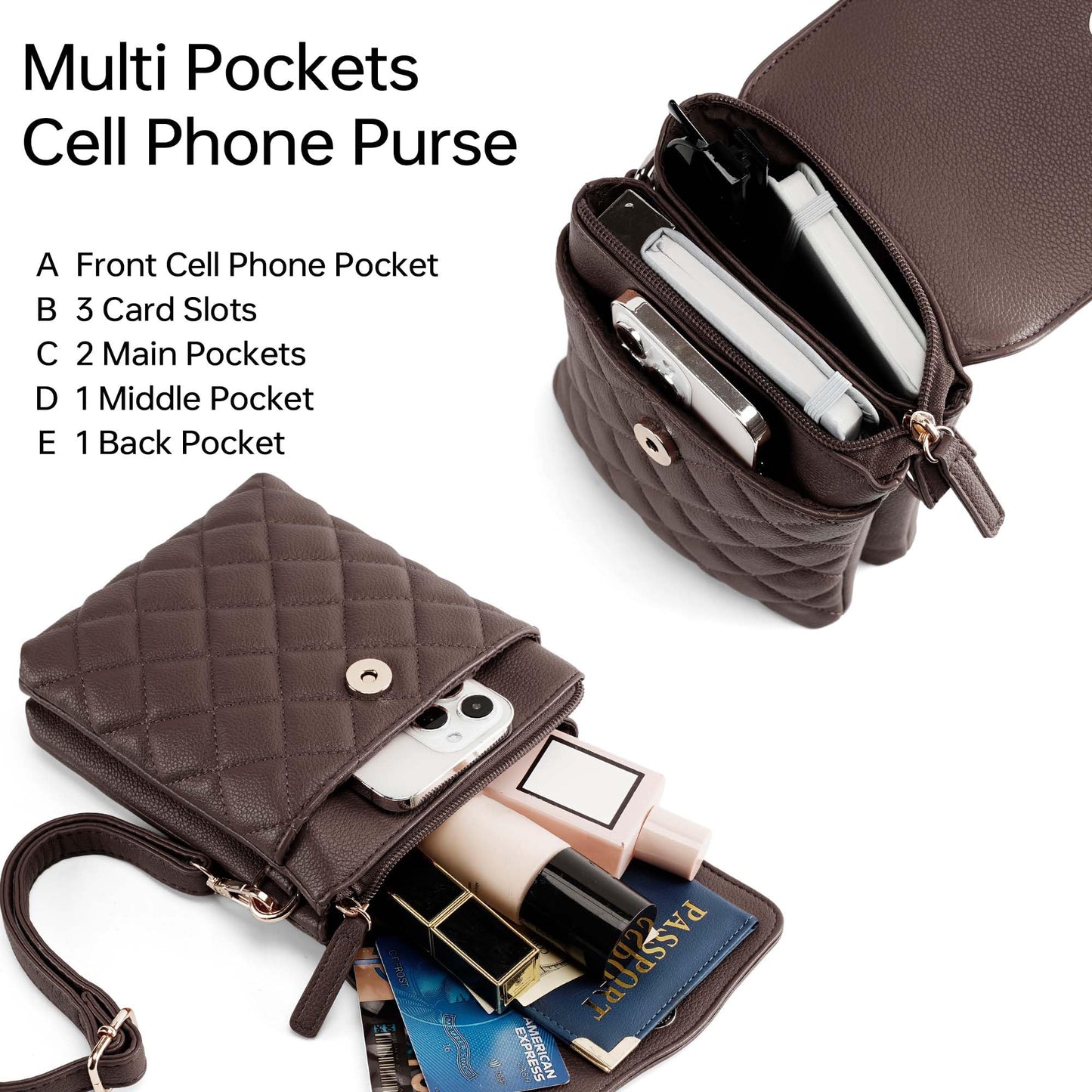 Goinsound Crossbody Phone Purse Quilted Cell Phone Crossbody Bag with RFID Blocking Card Slots Dark Brown