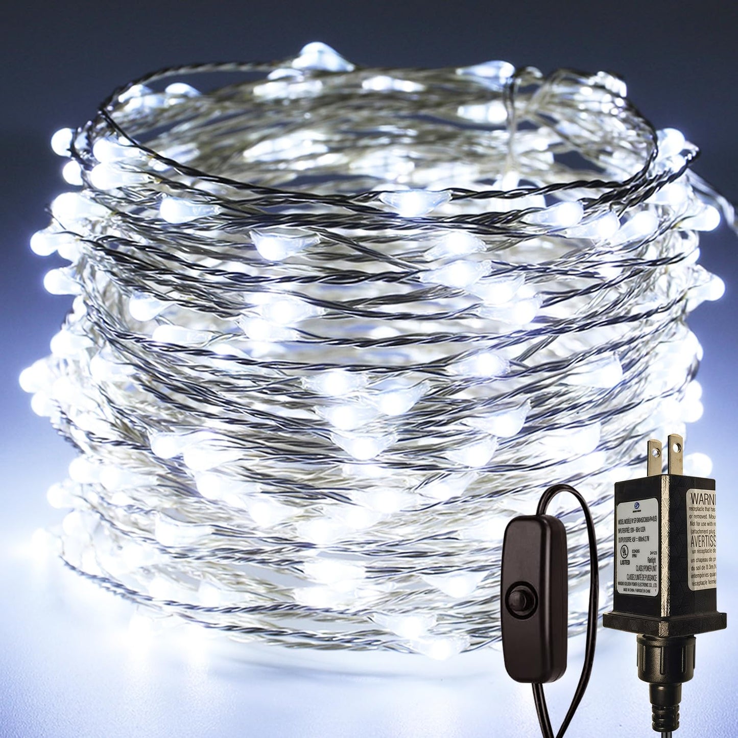 RUICHEN Plug in Fairy Lights with Switch, Waterproof 66 Ft 200 LED Silver Wire Starry String Firefly Lights for Bedroom, Patio, Garden, Balcony, Dorm, Cool White