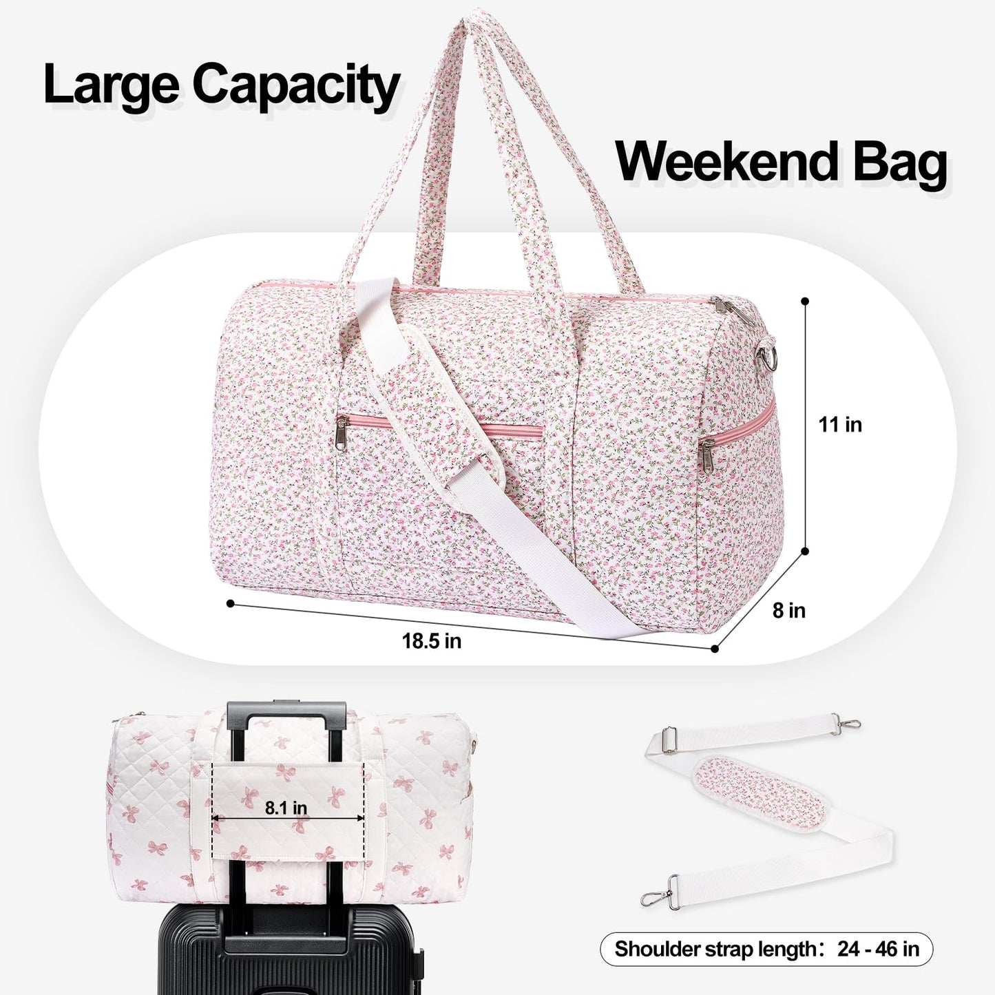Gym Bag for Women, Cute Duffle Bag, Quilted Duffle Bag for Travel, Floral Duffle Bags, Weekend Bag with Zipper Pocket Dance Bag Organizer