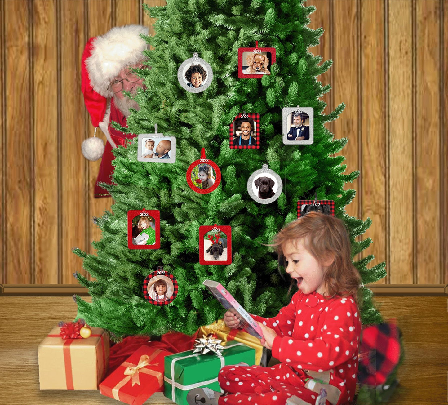 2024 Photo Ornaments for Christmas Tree, Sparkly Glitter Christmas Frame Ornament, Easy-Load Magnetic Design, Includes Satin Ribbon with Gold Charm Plus Photo Protector, Round, Gold