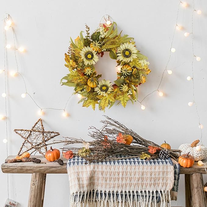 YNYLCHMX 18" Fall Wreaths for Front Door, Artificial Autumn Wreath with Sunflower Pumpkin and Berries for Home Porch Window Wall Farmhouse Decor, Indoor Outdoor, Holiday Decor