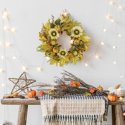 YNYLCHMX 18" Fall Wreaths for Front Door, Artificial Autumn Wreath with Sunflower Pumpkin and Berries for Home Porch Window Wall Farmhouse Decor, Indoor Outdoor, Holiday Decor
