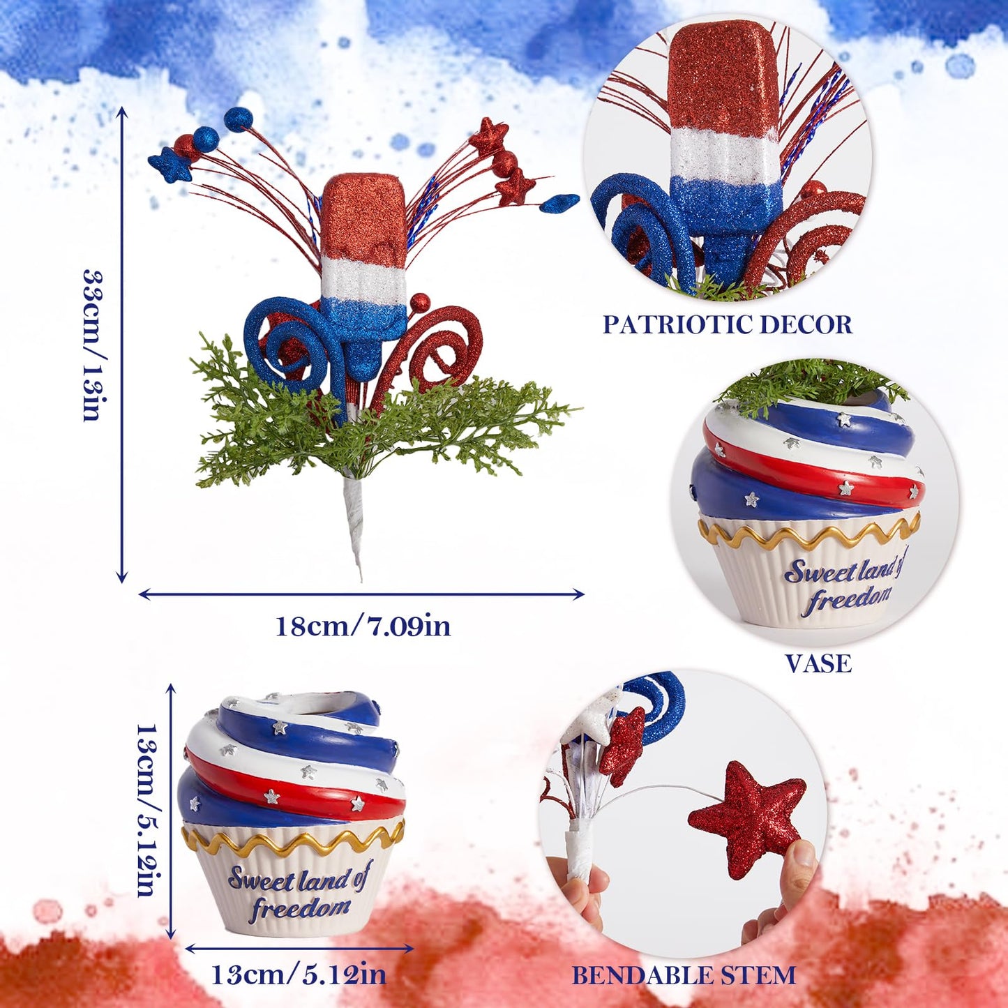 WDS WONDROUS 4th of July Centerpiece for Tables Red White and Blue Patriotic Flowers Decorations with Cupcake Vase, Resin Vase Shiny Popsicle Star Flowers for Independence Day Summer Memorial Day