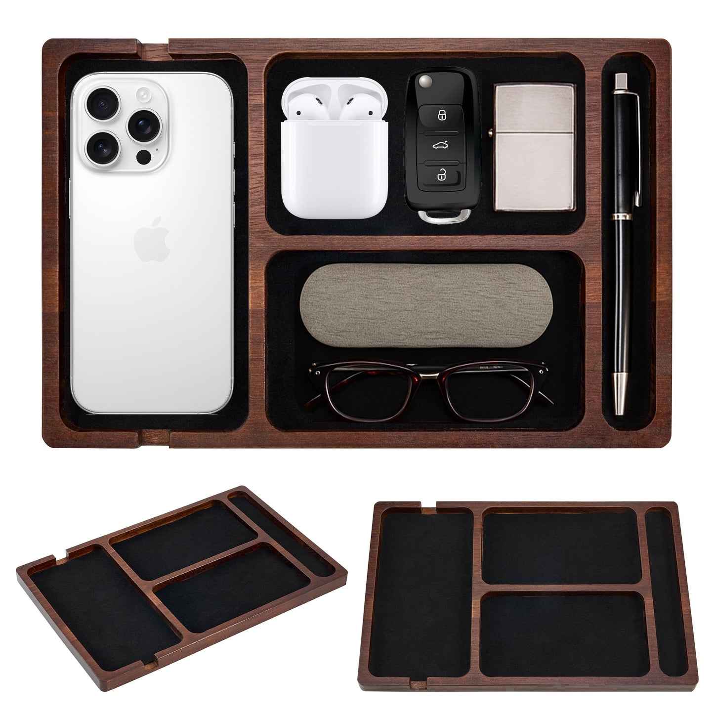 Valet Tray, Multi-Space Acacia Wood Leather Surface Desk Organizer Tray with Charging Assistance Port for Office or Study Room, Nightstand Organizer for EDC, Store Phone, Watch, Wallet, Keys, Jewelry