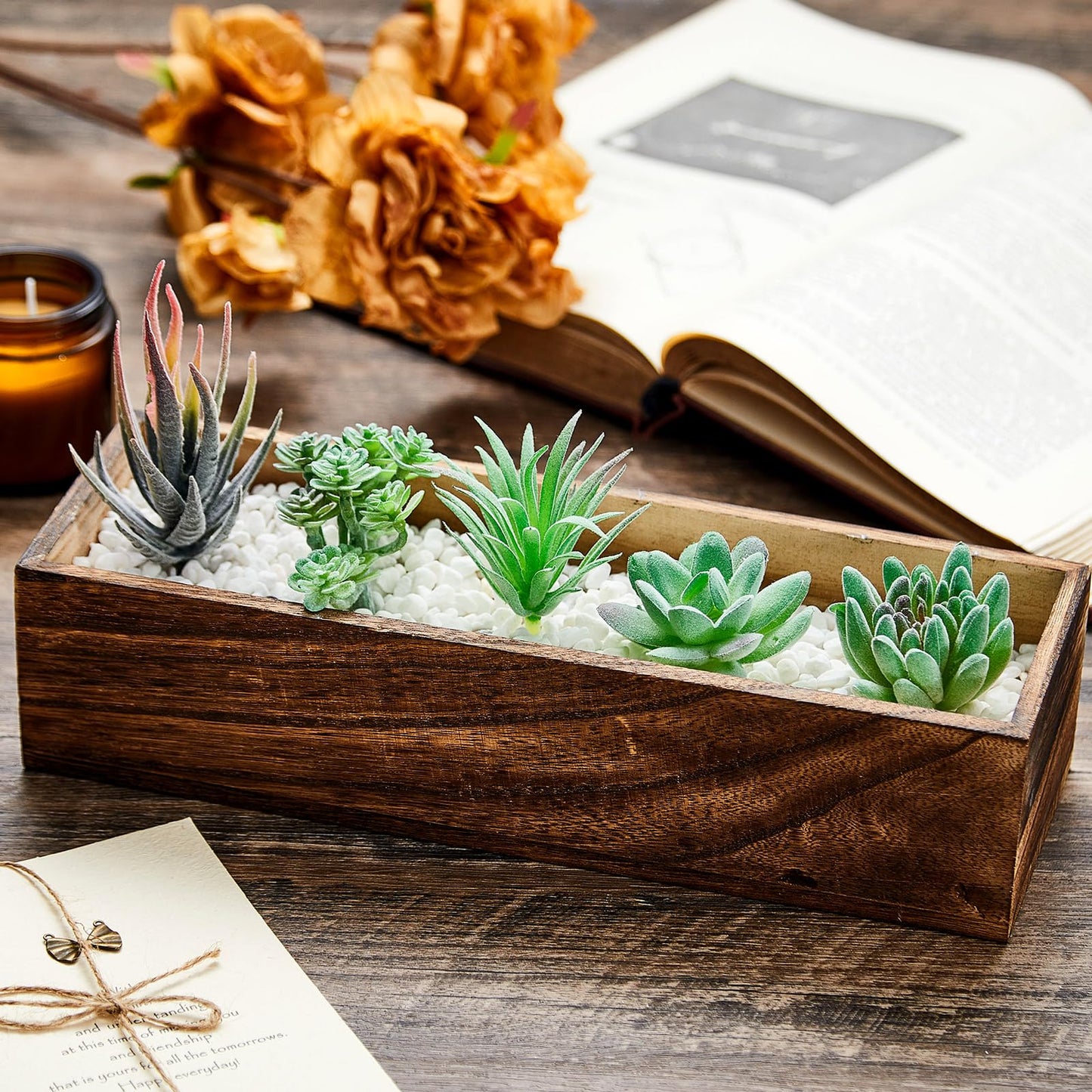 Dandat 4 Set Wood Boxes for Centerpieces 12x4 Inch Rectangle Wooden Planter Box Rustic Wood Planter with Removable Plastic Liner Floral Foam Blocks for Centerpieces Home Wedding Garden Decor