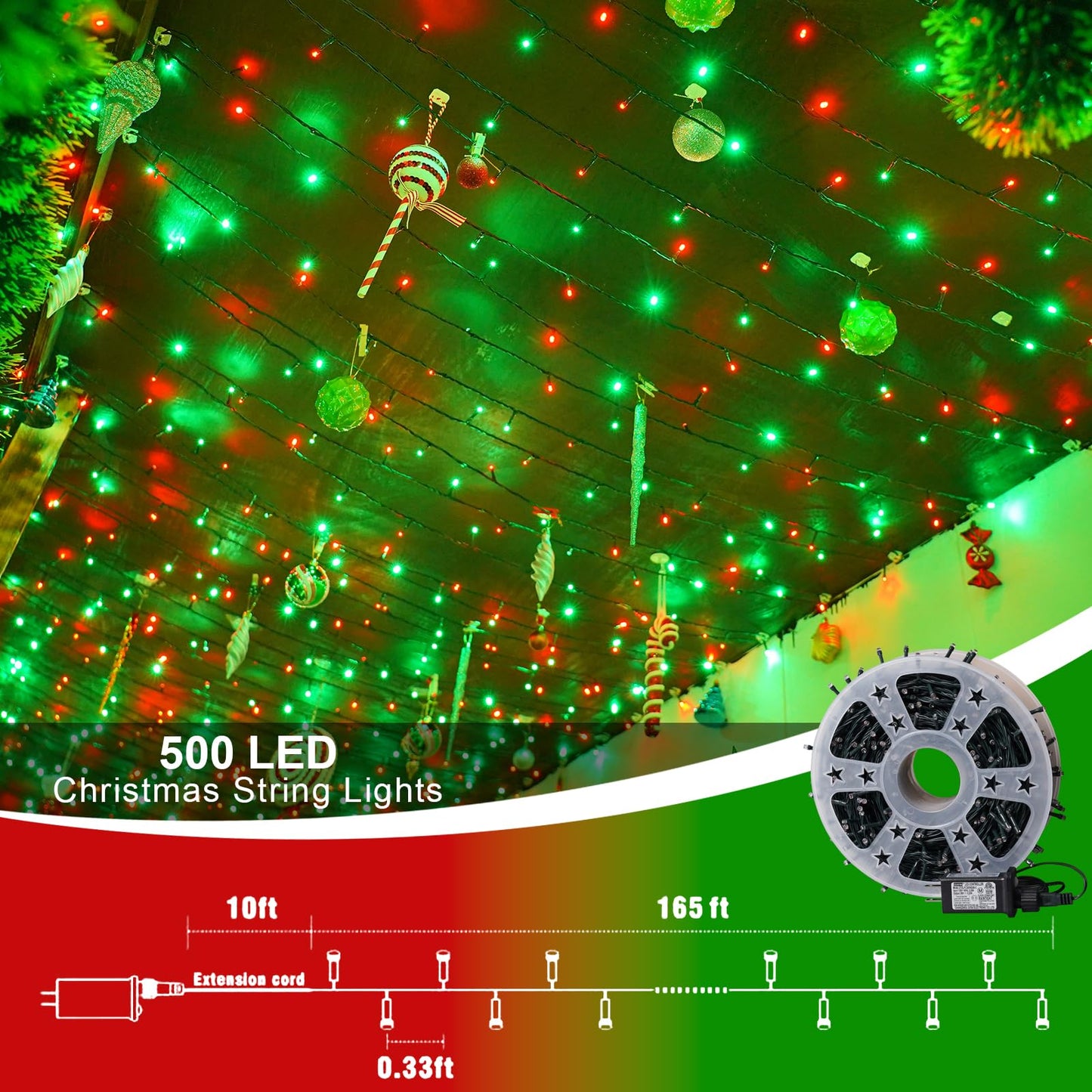 QITONG 500LED Red and Green String Lights, 165ft Christmas Lights Outdoor Waterproof with Plug in, Green Wire Twinkle Tree Lights Indoor with 8 Modes